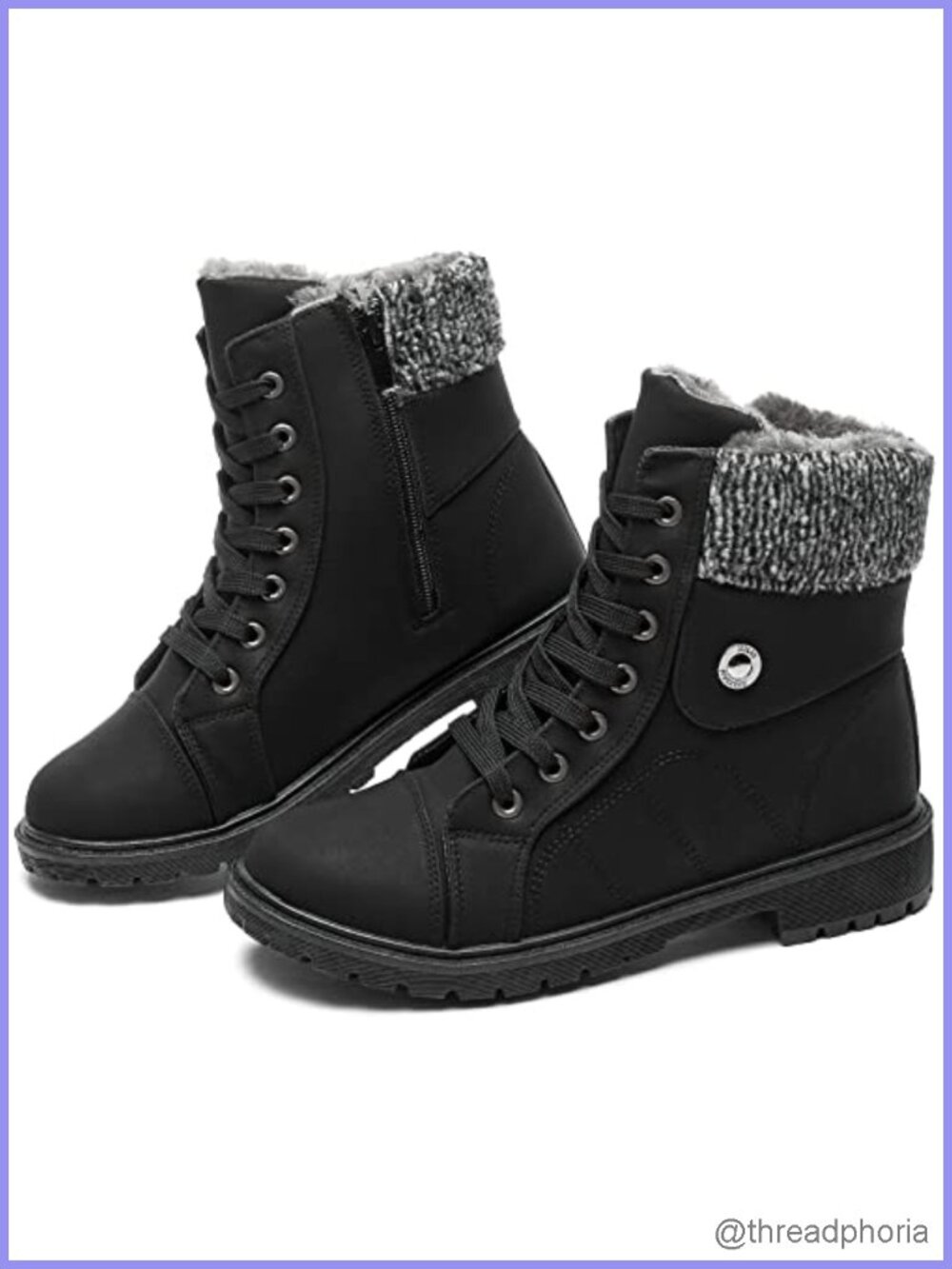 PU Leather Combat Boots Warm Fur Lined Ankle Booties Side Zipper Winter Boots